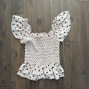 By the River Off White & Black Polka Dot Smocked Ruffle Peplum Top S